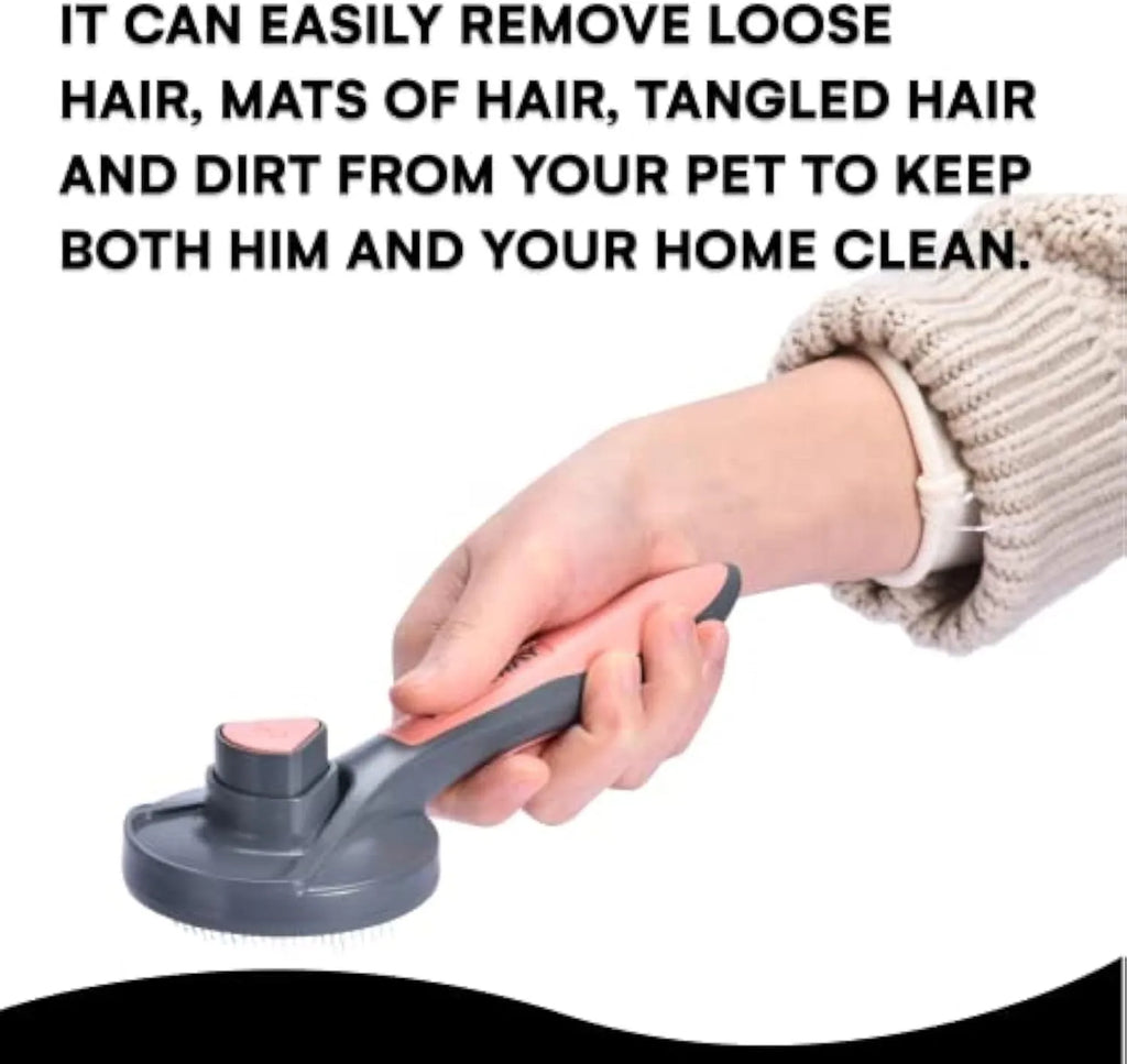 Self-cleaning slicker brush for pets in grey, green, or pink with comfort-grip handle and massage-tip bristles