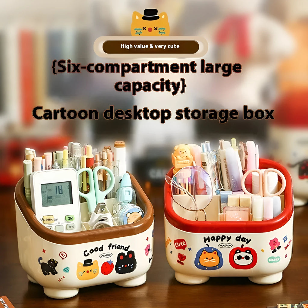 Red and brown cartoon sticker designs on a plastic desktop storage box with grid organiser compartments.
