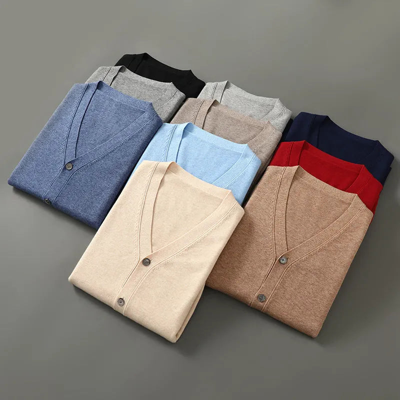 Men's loose V-neck cardigan coat in Andy velvet fabric, shown in beige colour.