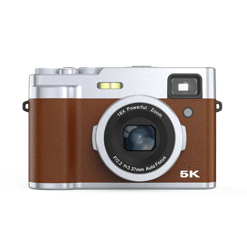 Black and brown 5K digital camera with dual lenses, optical viewfinder, and 2.88-inch screen