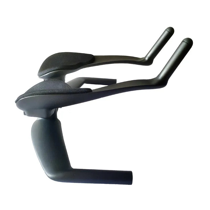 Black carbon fibre TT timing handlebars for road and time trial bikes, showing aero arm rests.