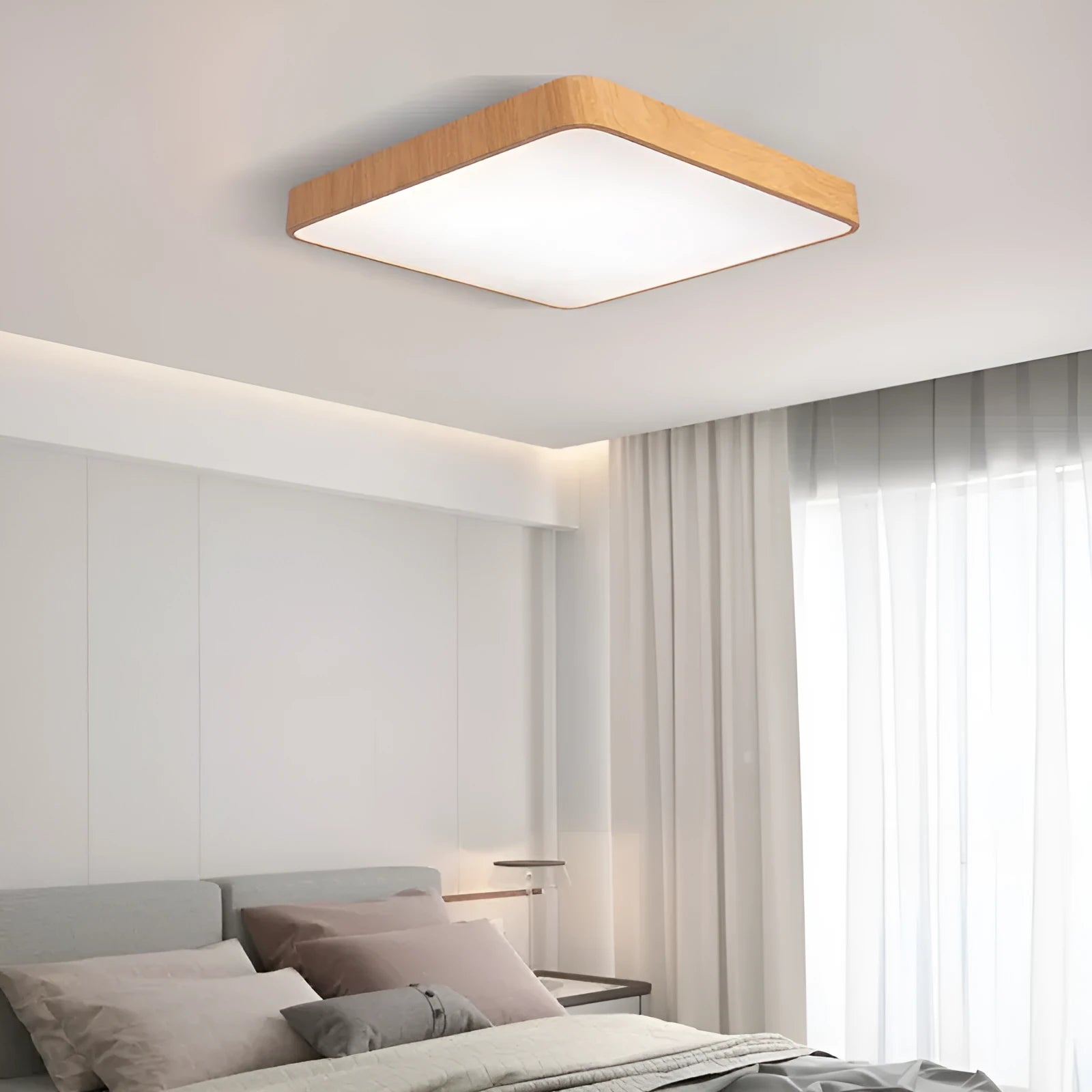 Nordic style square LED ceiling light with wood grain finish, shown in a bedroom setting.