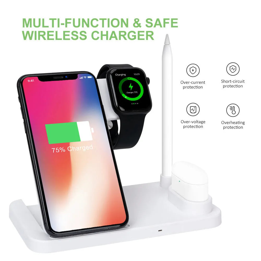 15W folding 4-in-1 wireless charger for Apple devices in vertical and flat charging positions