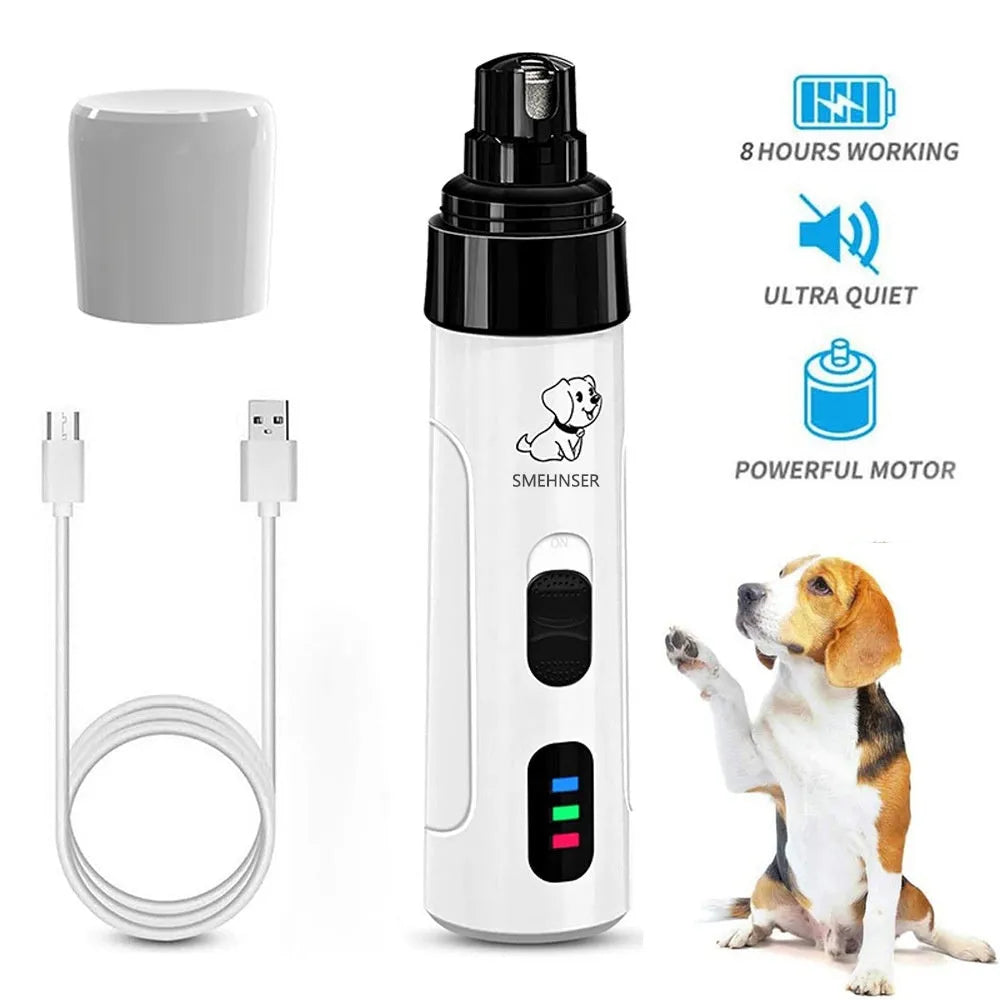 White and grey electric pet nail trimmer with LED display and dust collection port
