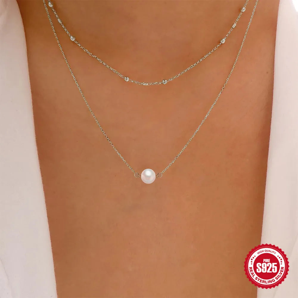 S925 sterling silver women's necklace with double layer twin pearls in gold or white gold colour options