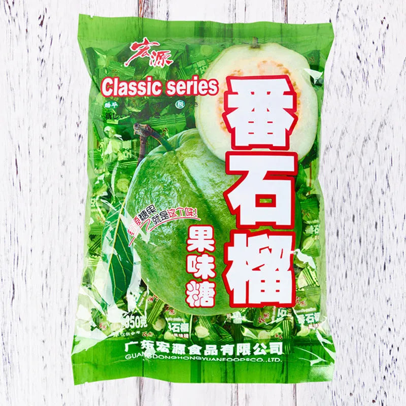 Bag containing three packets of hard candy: guava, plum sugar, and tangerine peel flavours.