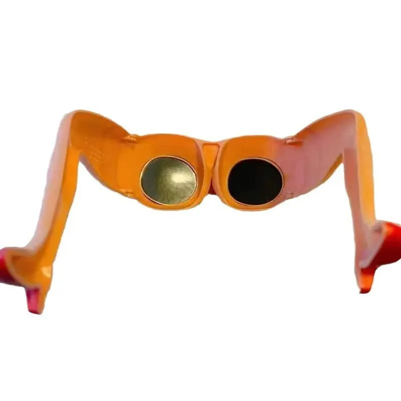 Orange plastic novelty sunglasses with leg hip design and oversize frame dimensions