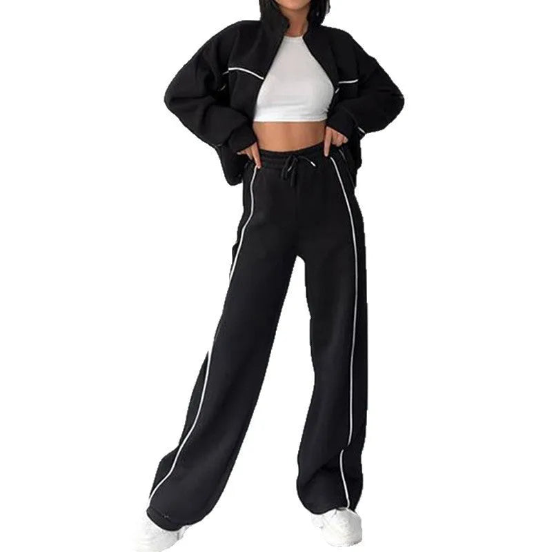 Women's two-piece casual suit with mock neck hoodie and striped trousers in apricot colour