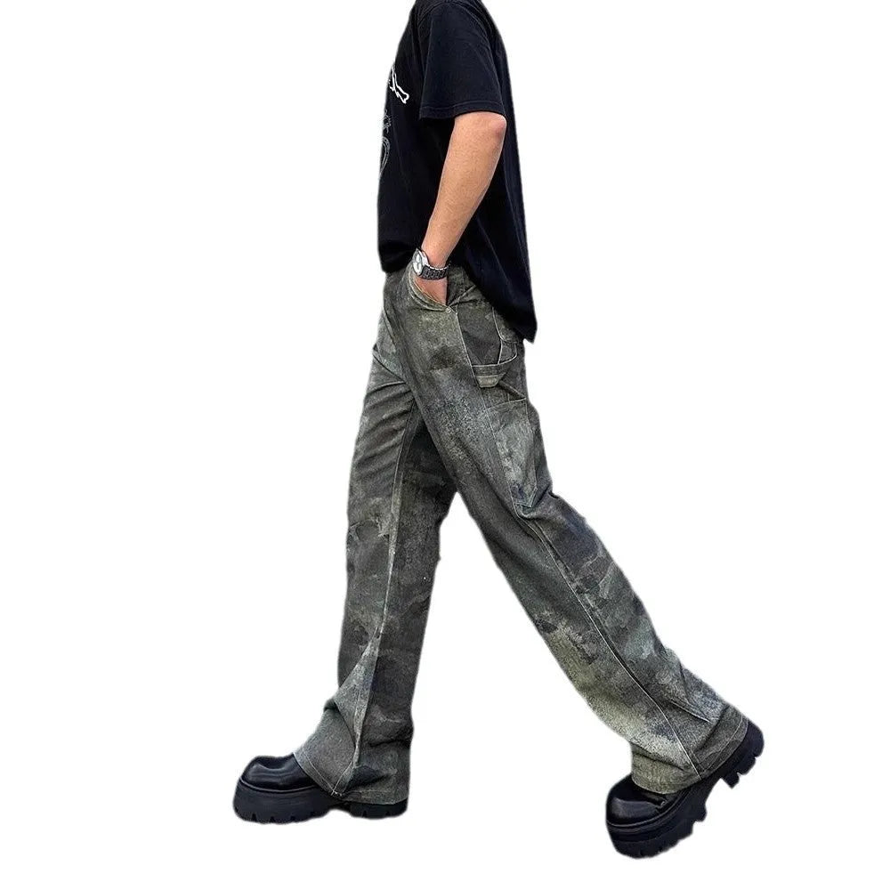 Men's straight-leg jeans with a retro camouflage pattern on blue cotton denim.