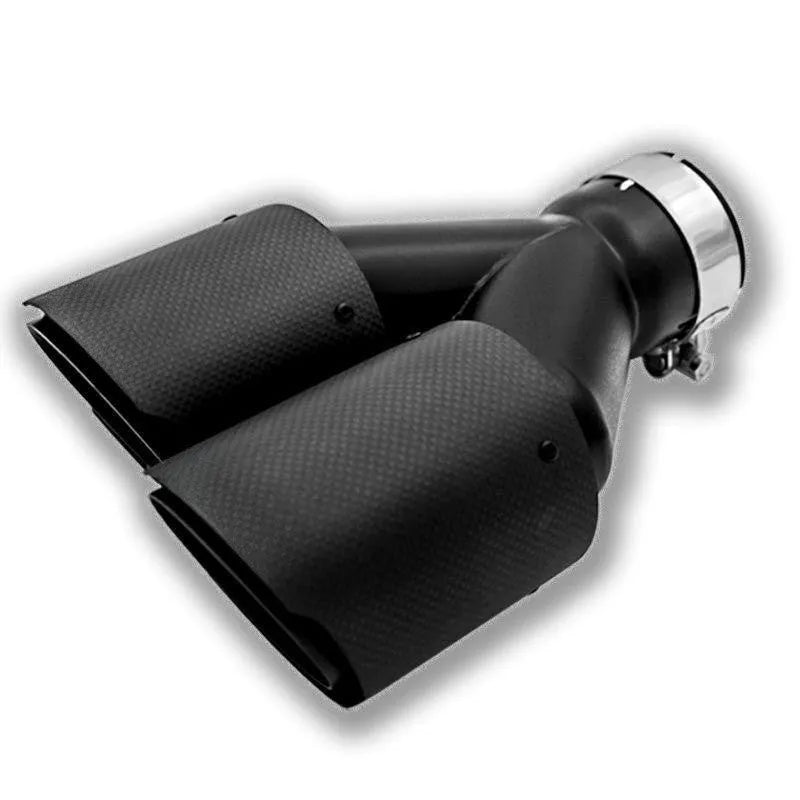 Black carbon fibre dual outlet car exhaust pipe silencer, 250mm long.