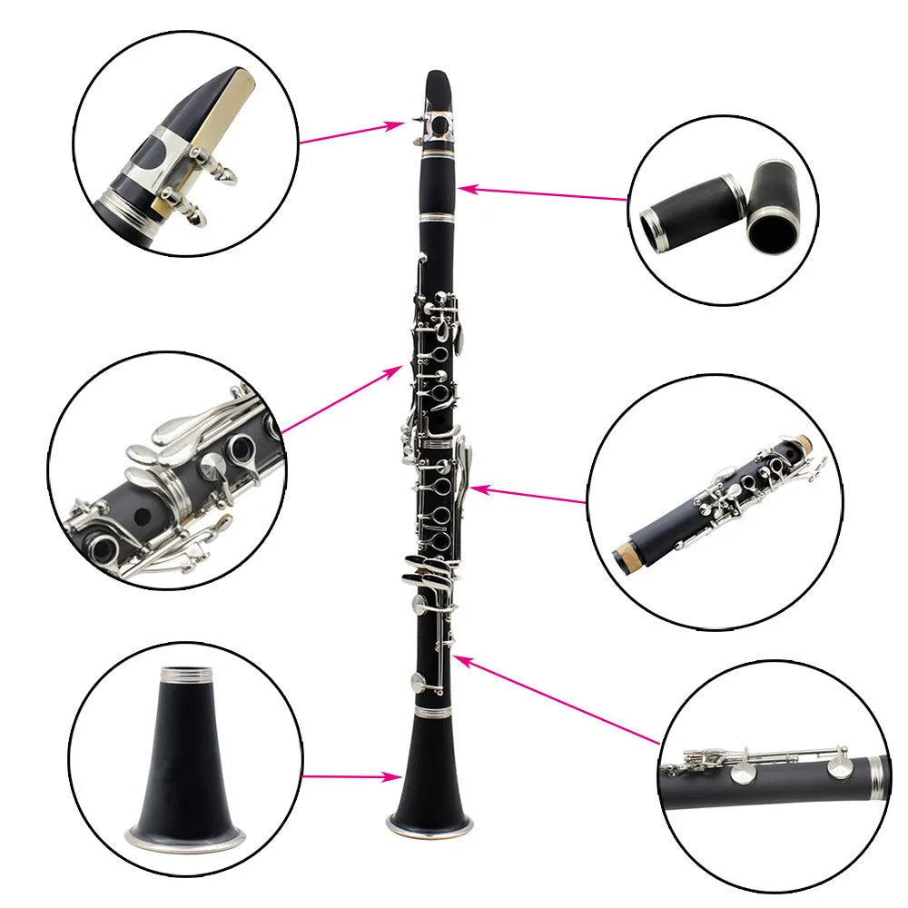 Black beginner bakelite clarinet with 17 nickel keys shown with its storage bag.