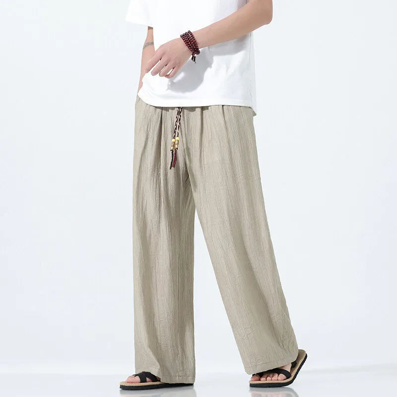 Men's straight-leg bamboo fibre trousers in black, wide leg casual style mid waist fit