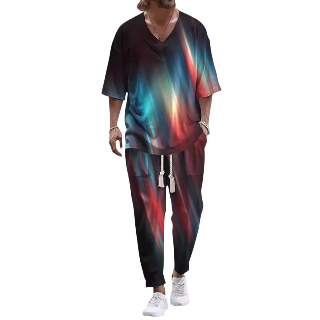 Cropped sleeve V-neck jacket and matching trousers in polyester fabric