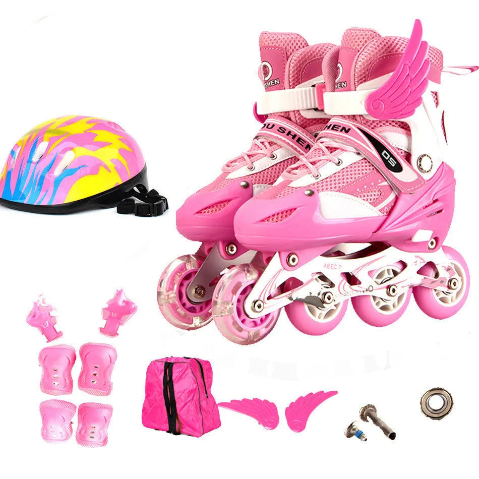 Children's adjustable roller skates in multiple colours with protective helmet and gear