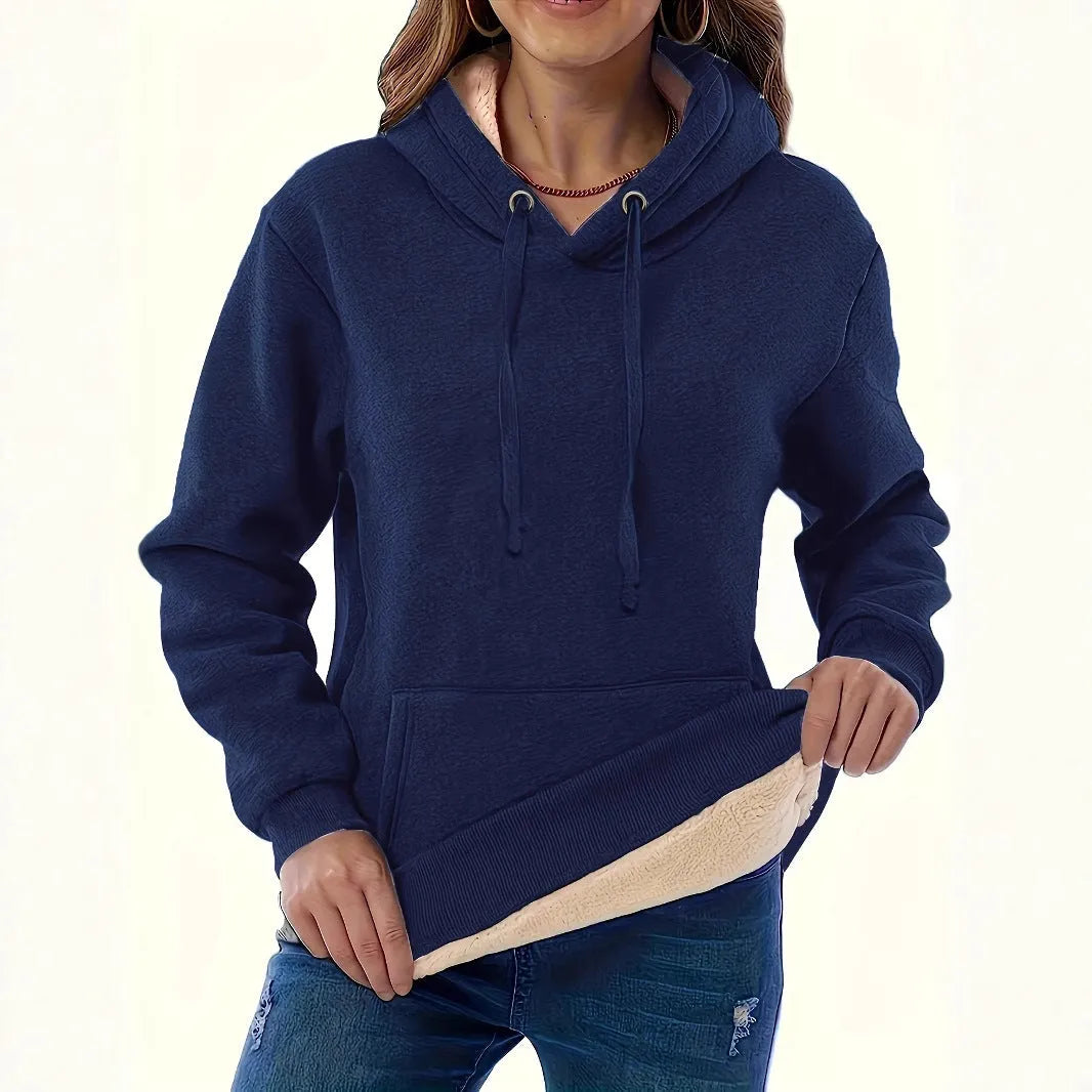 Women's loose-fit black hooded sweater with side pockets and a 3D pattern on the front.