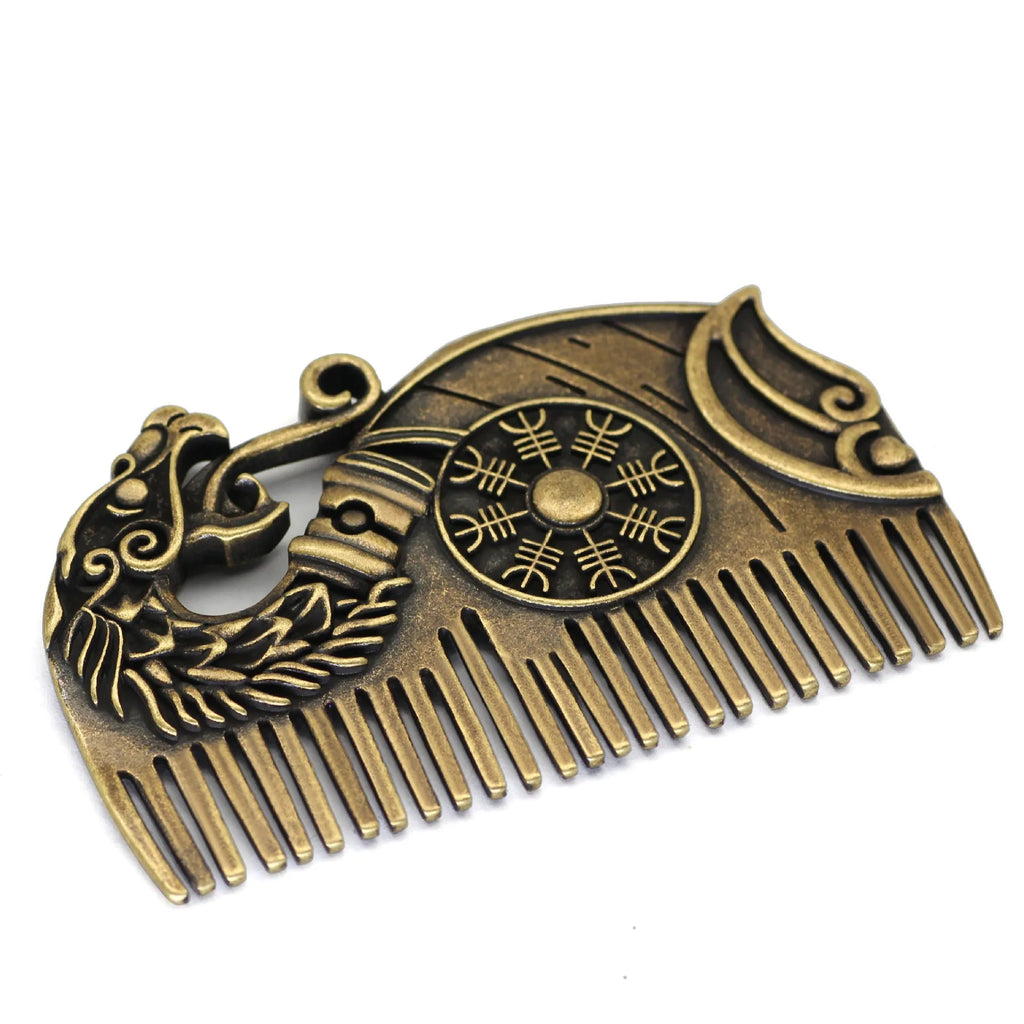 Bronze double-sided Viking rune comb with dragon motif on neutral background