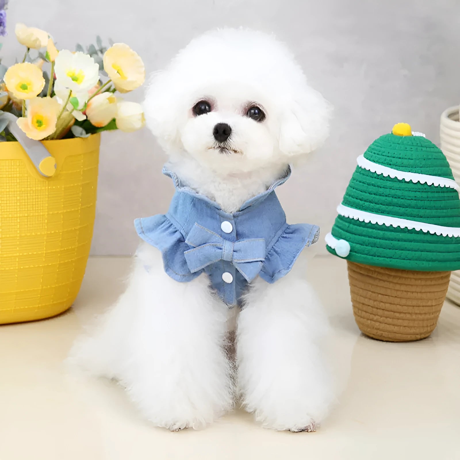 Blue denim dog dress with a ruffled vest design and a metal leash hook on the chest.