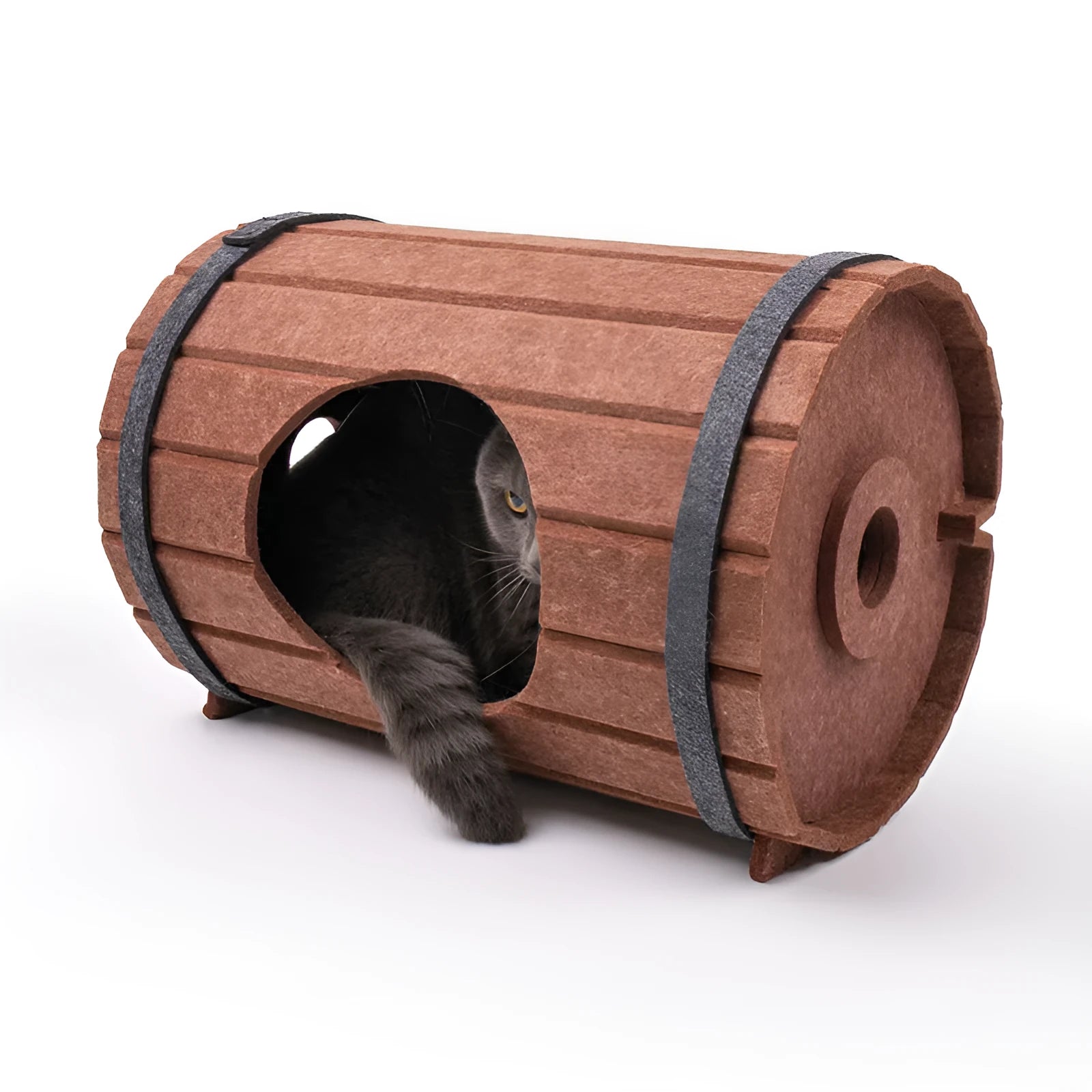 Wine barrel shaped DIY cat bed made from three grey felt pieces with binding straps