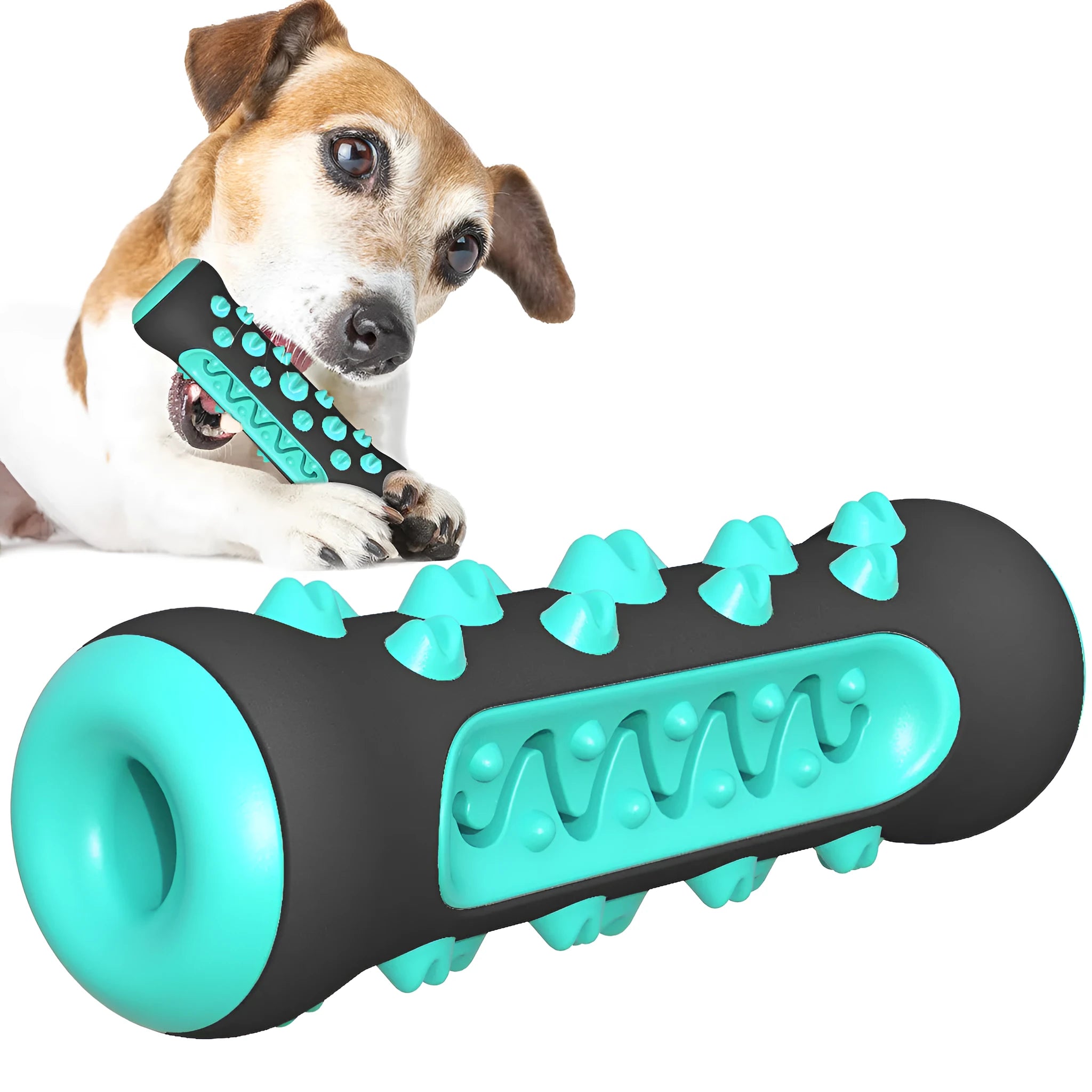 Natural rubber dog dental chew toy in blue colour, showing stick shape for teeth cleaning.