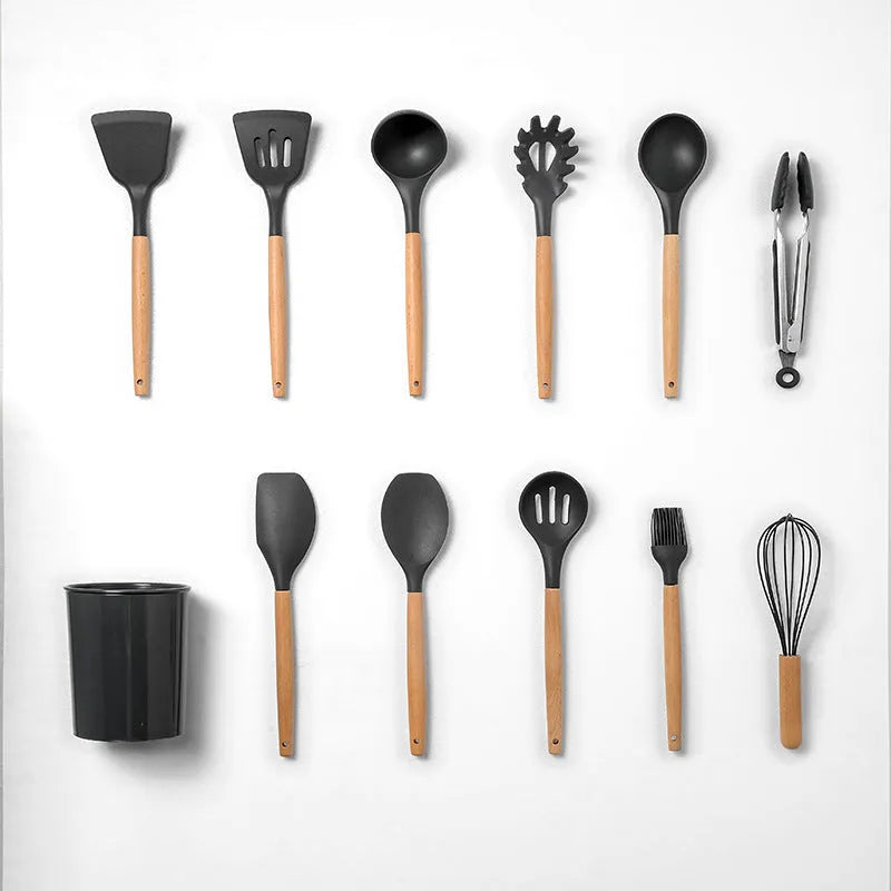 12-piece non-stick silicone kitchenware set with wooden handles in modern simplicity design, various colour box packaging options
