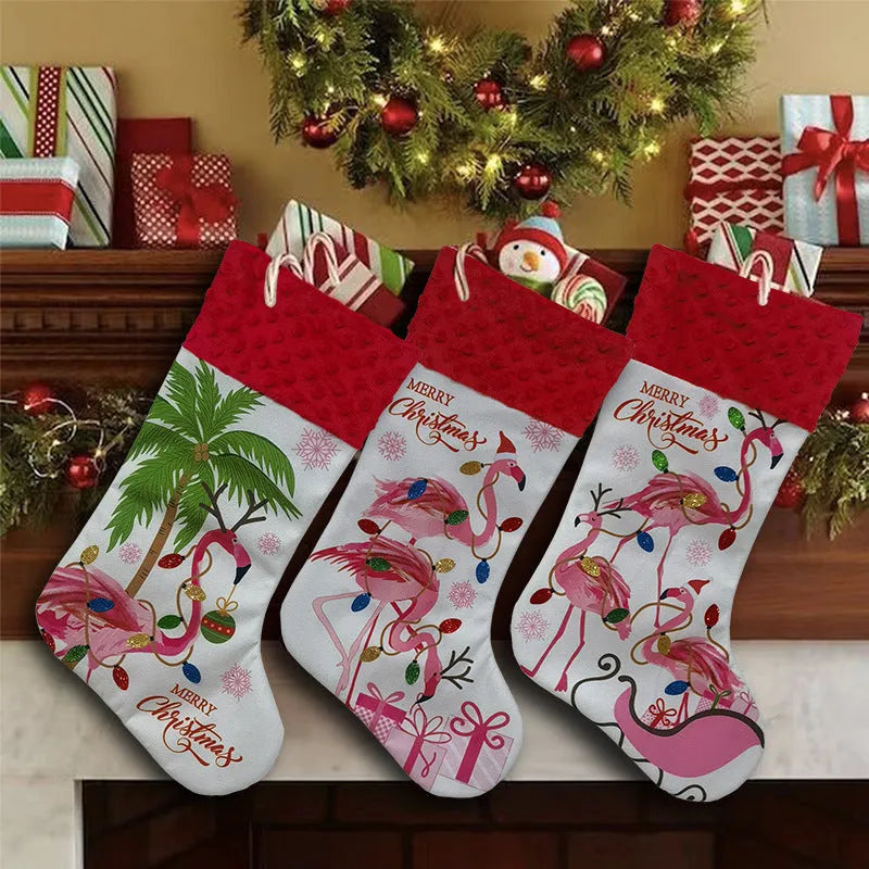 Flamingo Christmas stocking holiday decoration measuring 46cm by 28cm in cloth