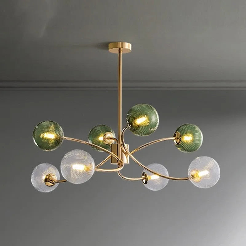 Modern Nordic living room chandelier with green clear glass shades and adjustable hanging length
