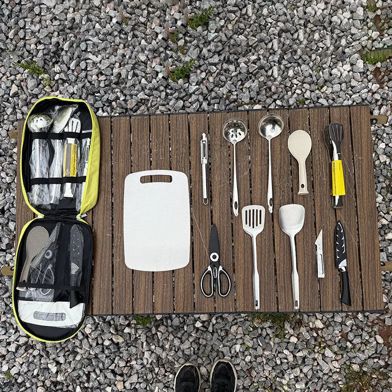 12-piece stainless steel picnic kitchenware set in portable storage bag for outdoor cooking