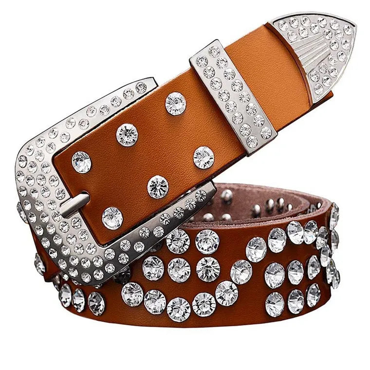 Leather ladies belt with diamond-studded cowhide pin buckle, alloy D-shape buckle, rhinestone mosaic, two-layer cowhide