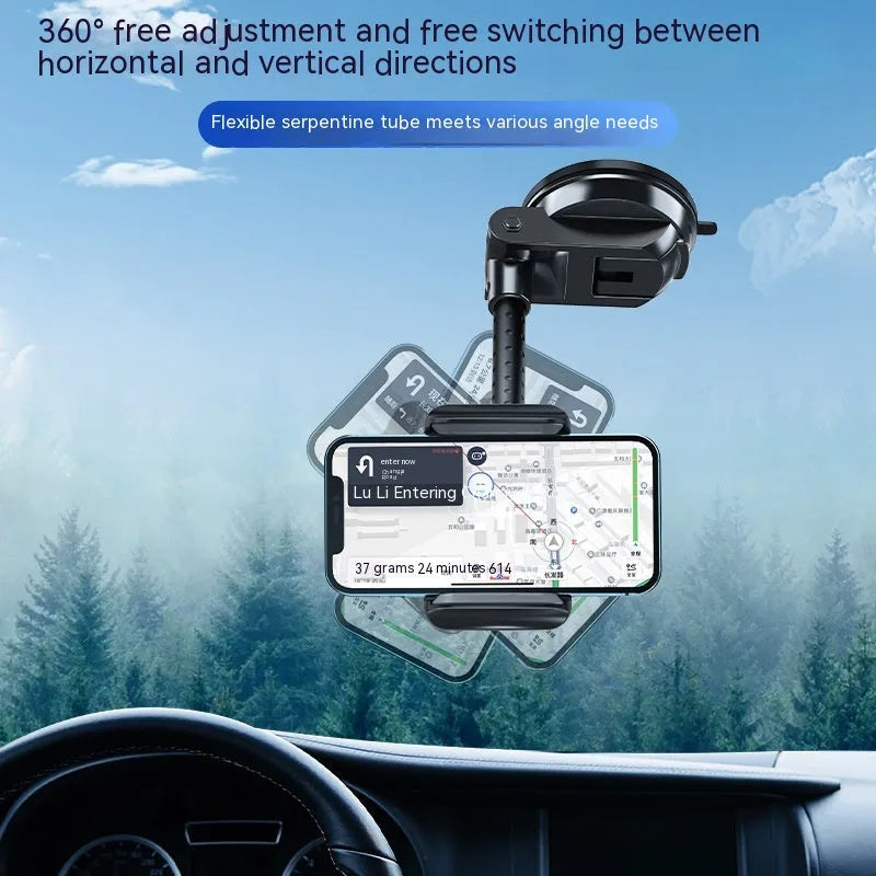 Black universal rotating car mobile phone bracket with metal construction and double supercharged clamp