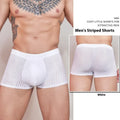 Men's striped underwear in black, white, and dark grey colours showing thin transparent nylon fabric