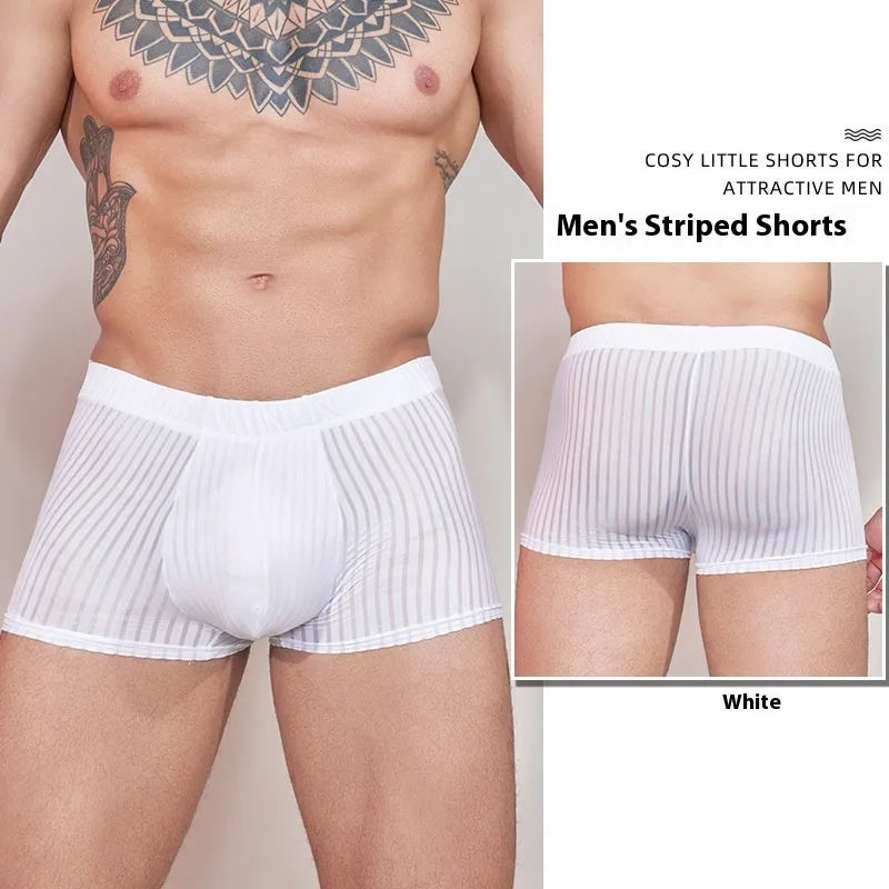 Men's striped underwear in black, white, and dark grey colours showing thin transparent nylon fabric