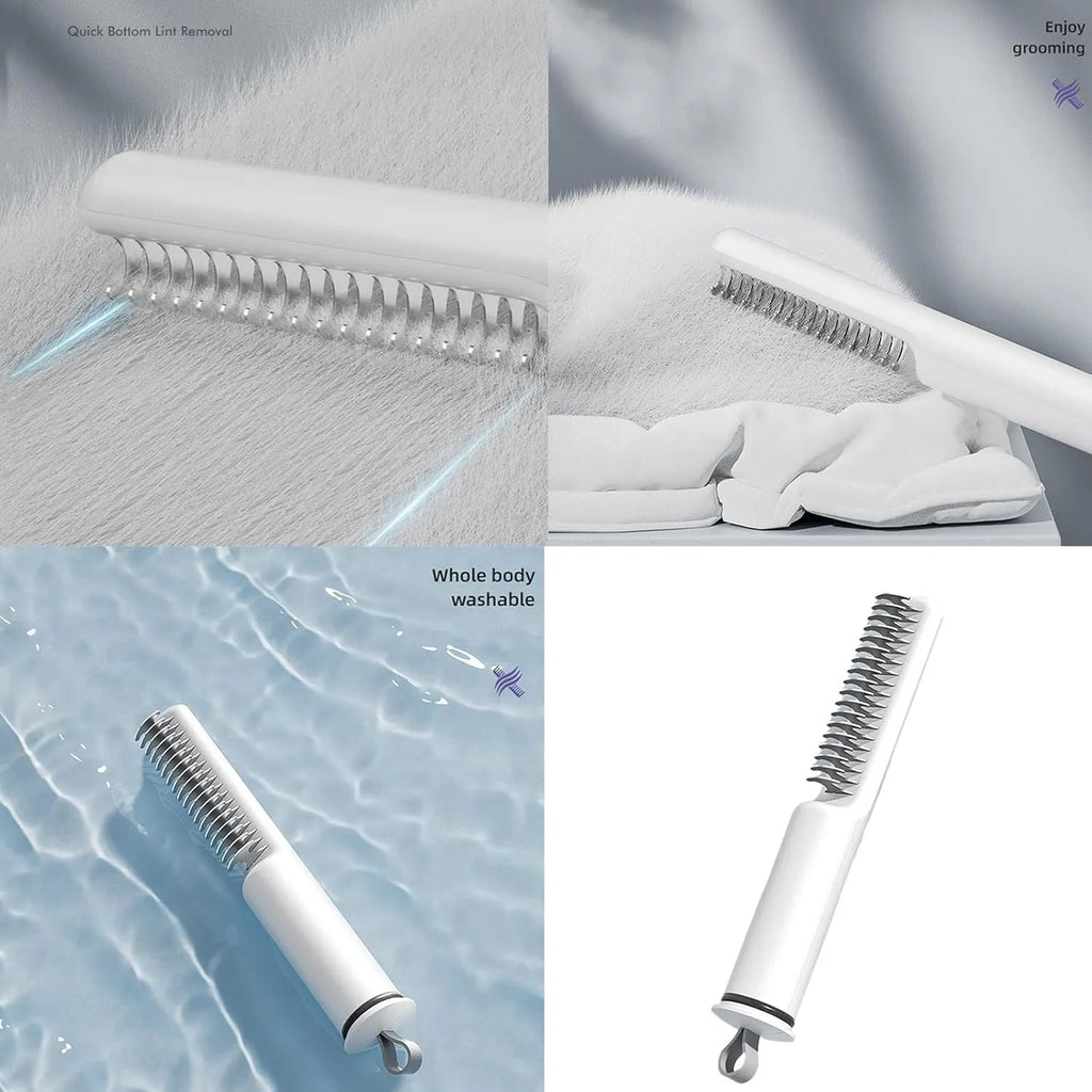 Pink and white stainless steel dematting comb for dogs with ergonomic handle on a plain background.