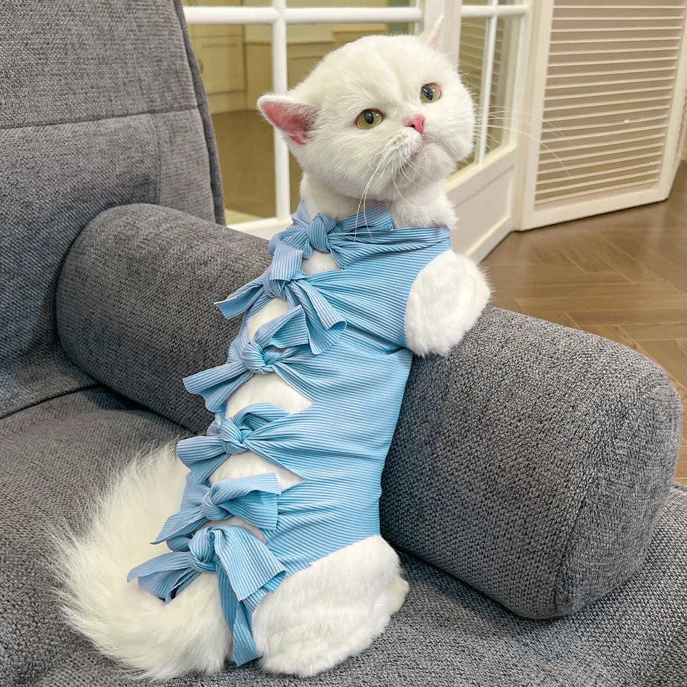 Lace-up polyester cat recovery suit in blue colour, shown on a cat model.