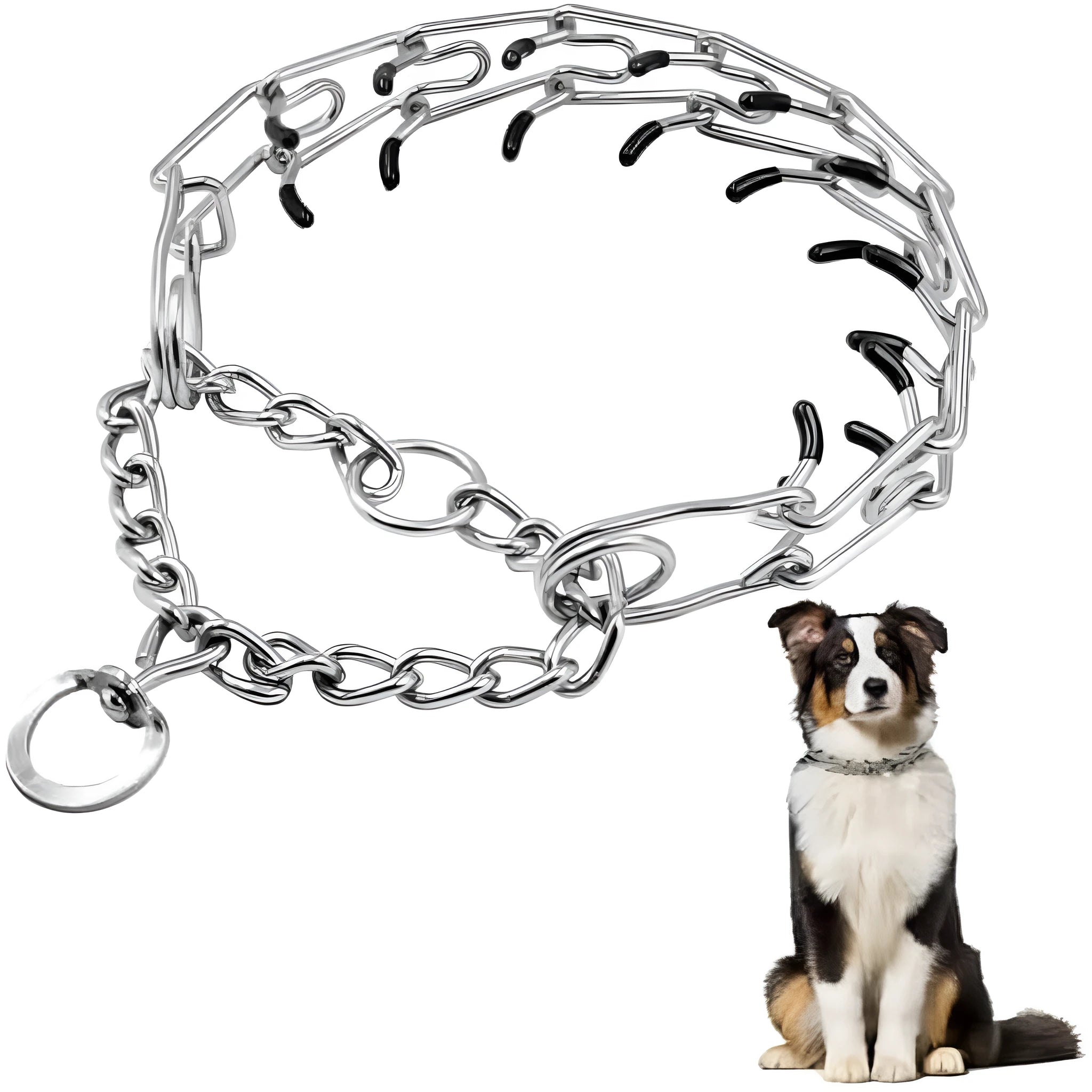 Stainless steel dog prong training collar with rubber tips, shown in an adjustable chain link design.