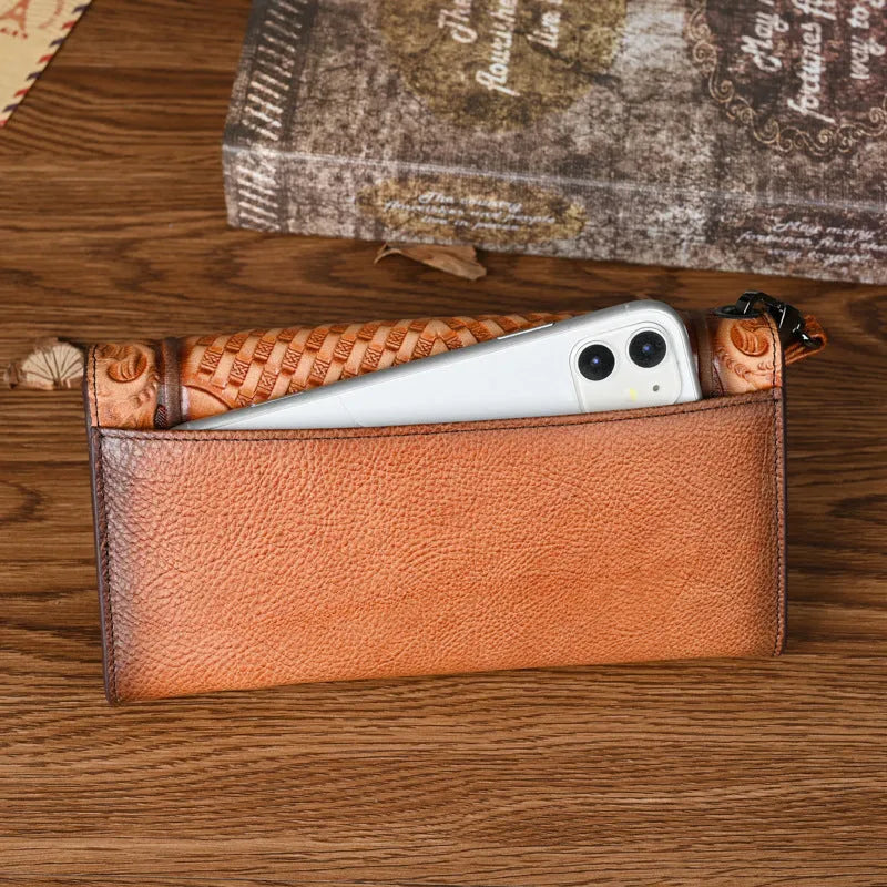 Women's Chinese-style embossed leather tri-fold wallet in retro brown with floral pattern detailing