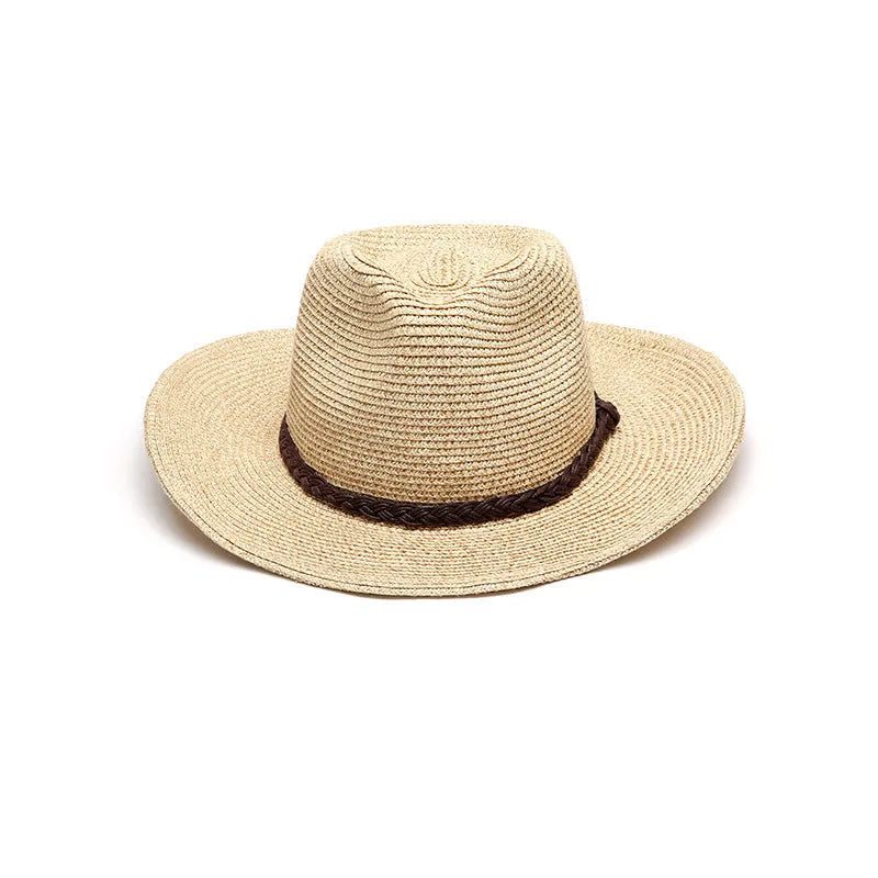 Men's foldable straw sun hat with wide brim in beige colour, shown in collapsed and worn positions