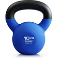 Blue cast iron teapot-shaped dumbbell kettlebell weighing 10 kg on a plain background.