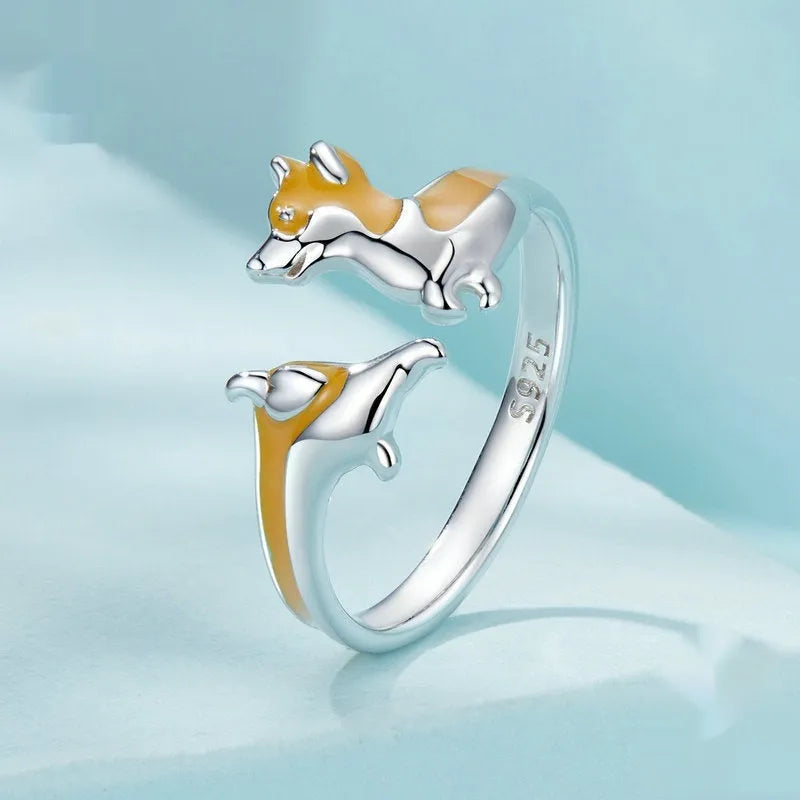 Silver corgi pet ring with cartoon design and electroplated SCR1014-E finish