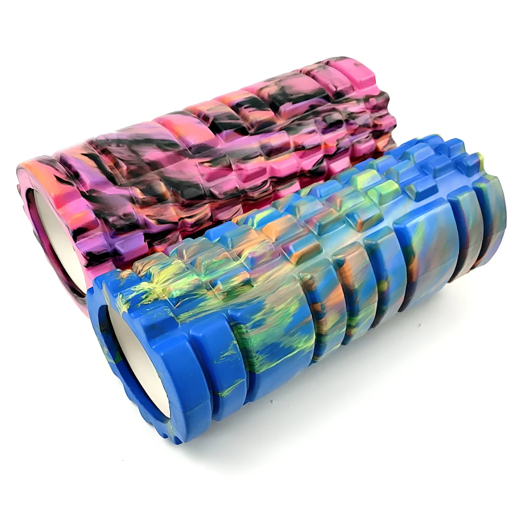 33cm camouflage pattern EVA foam roller showing classic colour combinations including blue green yellow and rose red black designs