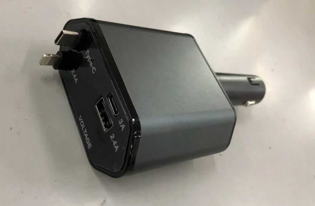 Automatic retractable 120W universal car charger with Type-C connectors for Apple and Huawei devices
