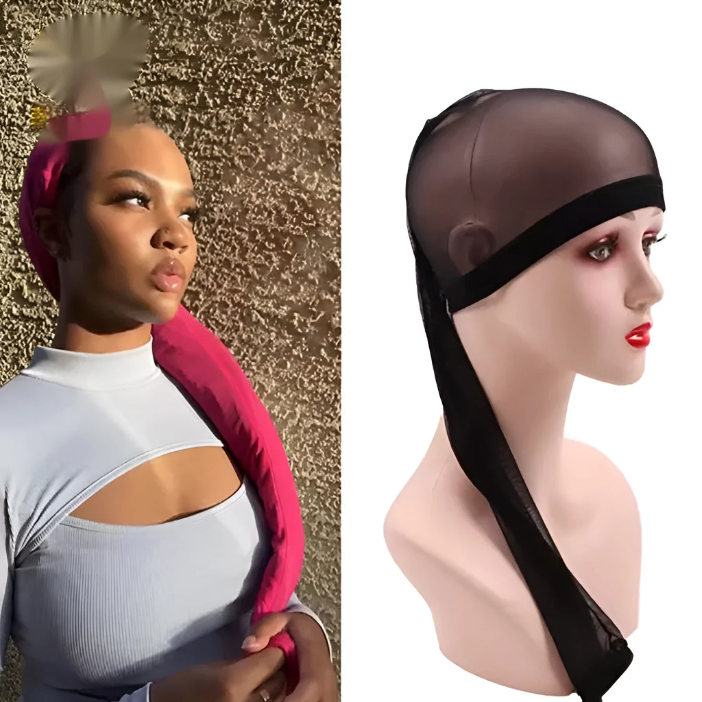 Adjustable spandex mesh wig cap for long hair, shown in multiple colour options including black and leopard print.