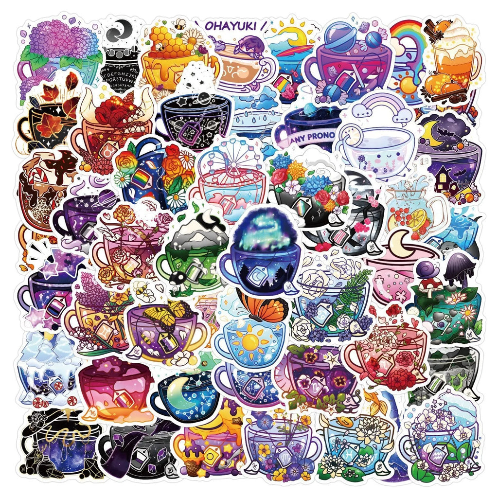 Colourful tea cup graffiti stickers in Nordic style design, 50-piece waterproof pack