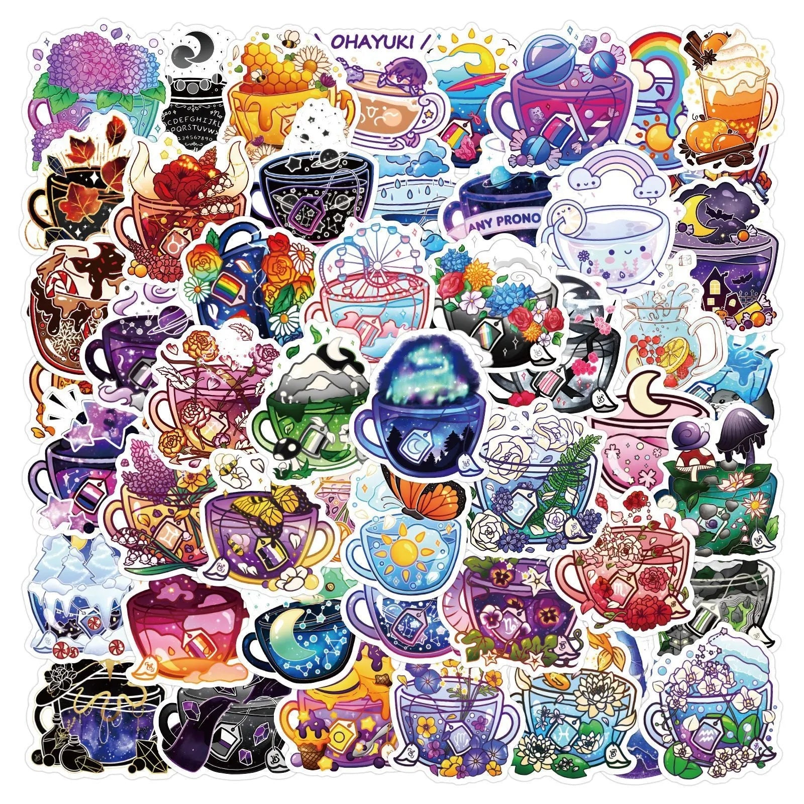 Colourful tea cup graffiti stickers in Nordic style design, 50-piece waterproof pack