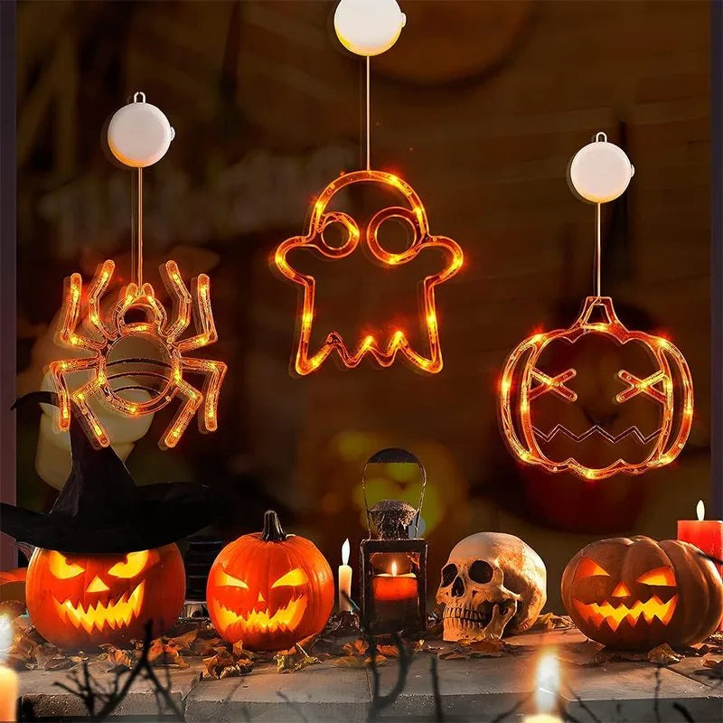 Halloween window hanging LED lights with spider, pumpkin and ghost designs on suction cups