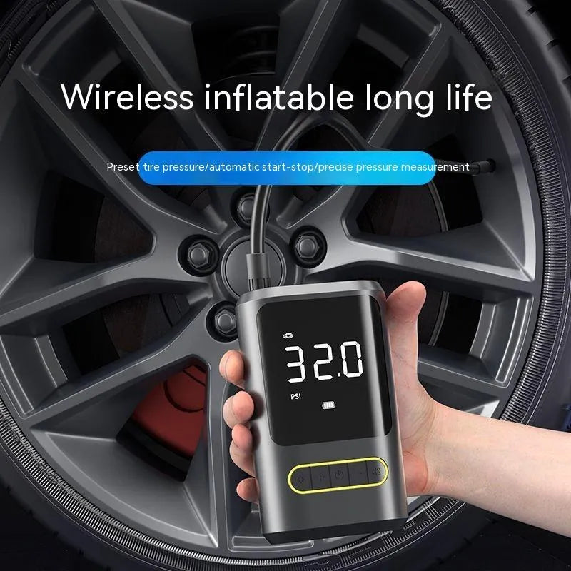 Handheld wireless digital display air pump with LED light and attached air hose
