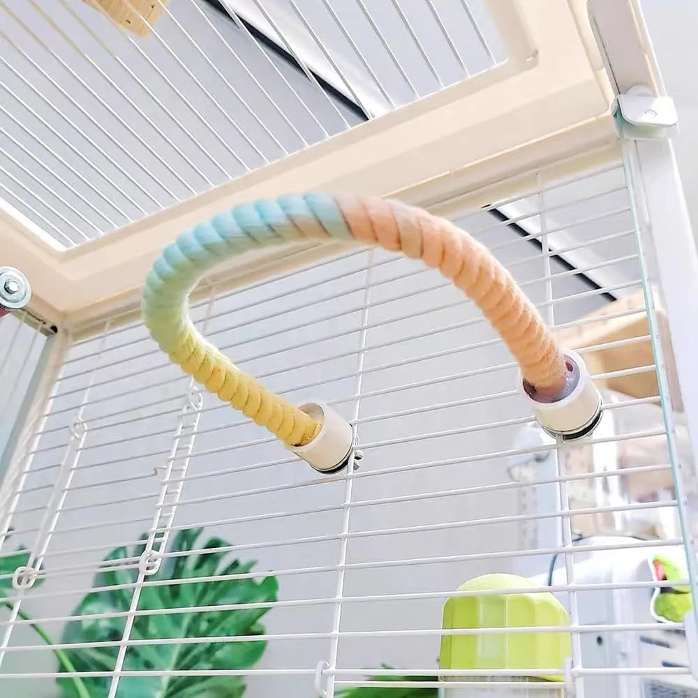 Gradient colourful bird rope perch stand with bendable shapes for small pet cage climbing and play
