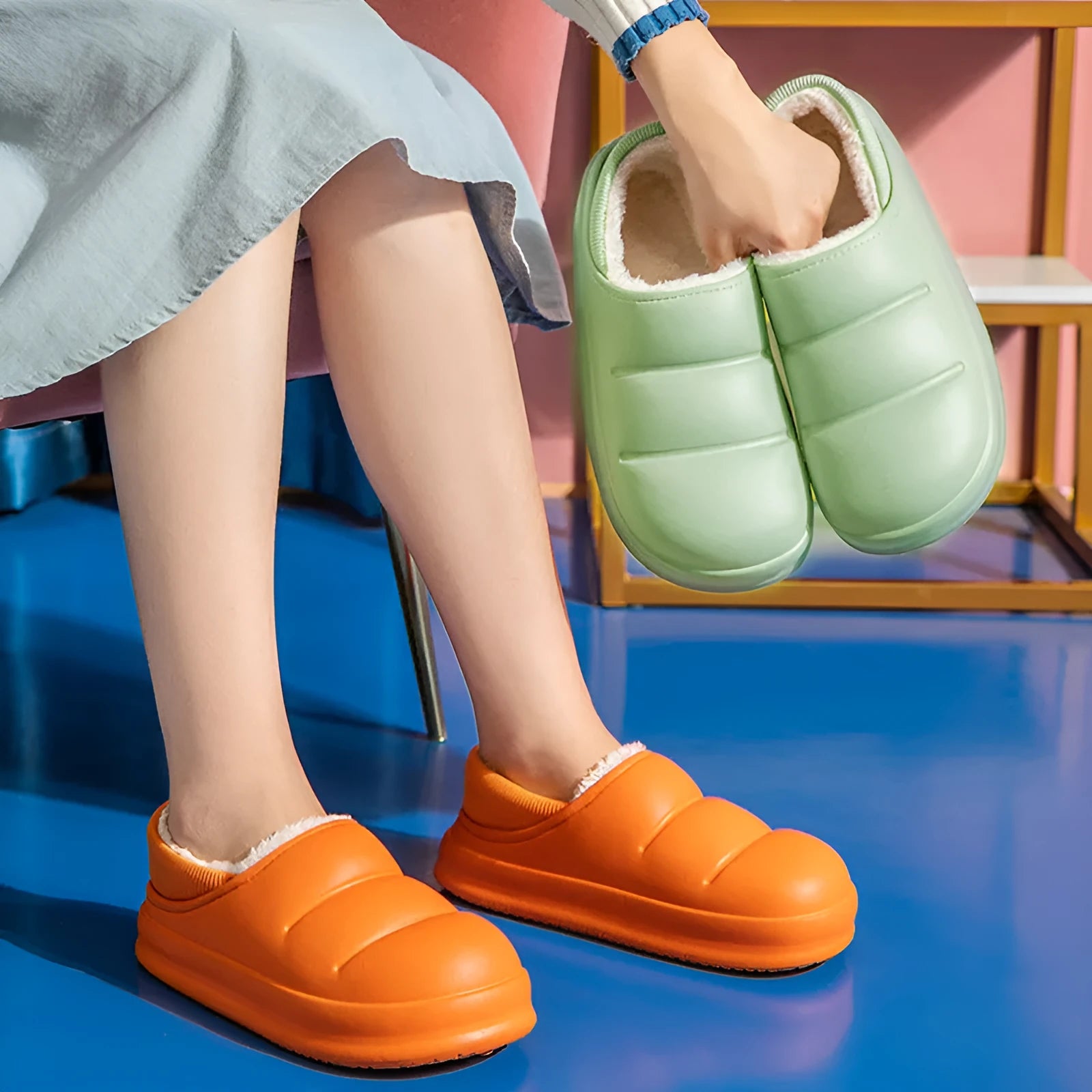 Waterproof EVA couple slippers in multiple colours with a non-slip sole and plush lining for winter.