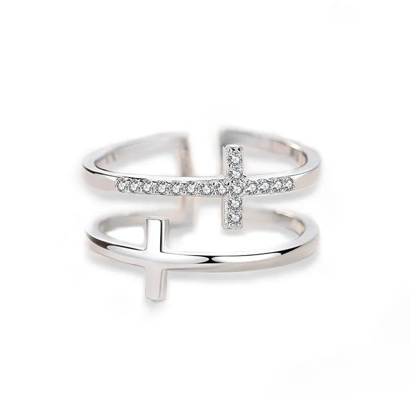 Women's adjustable copper ring with double cross design and zircon stones in white gold finish