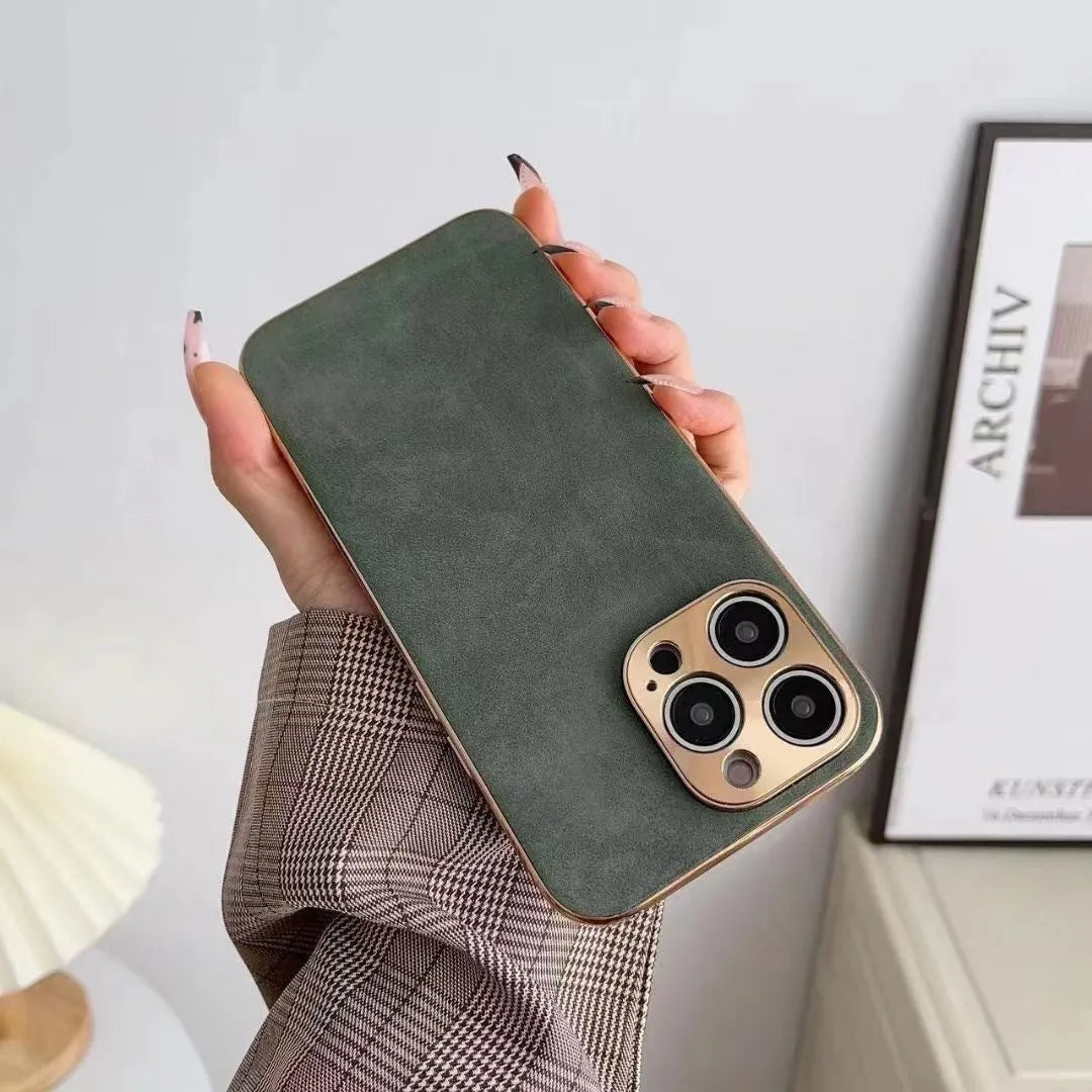 Leather texture TPU iPhone case in solid colours: black, blue, grey, grey-green for iPhone 11, 12, 13, 14 models.