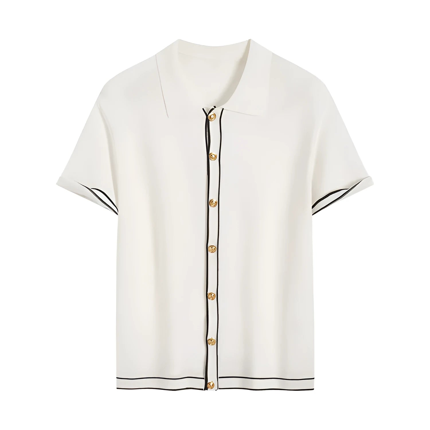 White short sleeve cardigan with dark contrast lapels on a hanger.